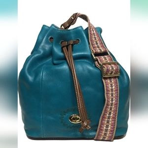 NWOT Tignanello Milan Drawstring Cross Body W/RFID Protection, Peacock/Cognac